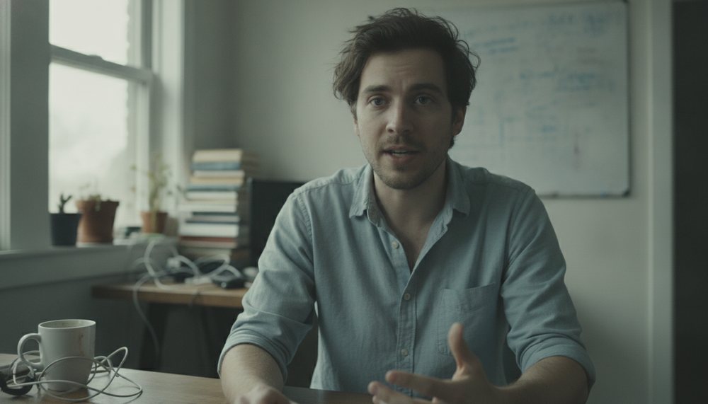 Before: Sample edit – Illustrative: a 4-minute single-take founder talking-head, dim window light, room echo, ums and dead air left in, no graphics.