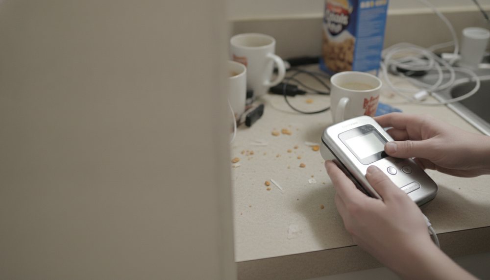 Before: Spec project – Illustrative: a horizontal, slow product walkthrough shot on a kitchen counter, glare on the device, no captions, dead pauses while hands fumble.