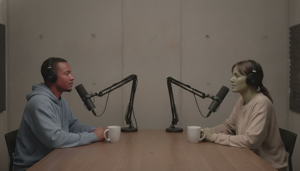 Before: Sample edit – Illustrative: a two-camera podcast where both feeds run flat and unsynced, one mic peaks, long tangents drag, and the framing never changes for an hour.